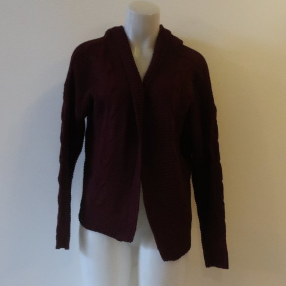 MACYS BURGUNDY OPEN KNIT HOODED CARDIGAN SWEATER SZ S* - Picture 2 of 6